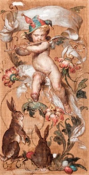 Furulyazo Putto Nyulakkal (paravan Reszlet) Oil Painting by Gyula von (Julius de) Benczur