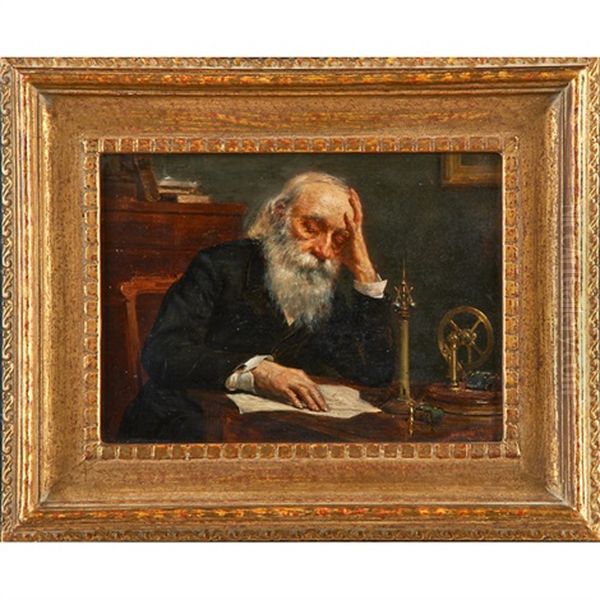 Portrait Of An Elderly Man Reading Amid Scientific Instruments Oil Painting by Gyula von (Julius de) Benczur