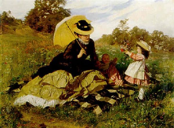 A Summer Picnic In A Field Of Wild Flowers Oil Painting by Gyula von (Julius de) Benczur