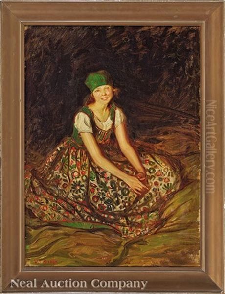 Portrait Of A Seated Girl In A Traditional Polish Dress by Wladyslaw Theodor Benda