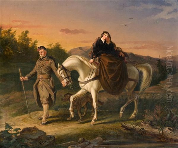 Ein Soldat Fuhrt Sein Pferd, Auf Dem Zwei Junge Frauen Sitzen Oil Painting by Hans Bendel