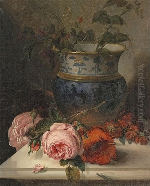 Stillleben Mit Vase Und Rosen Auf Einer Steinplatte Oil Painting by Siegfried Detlev Bendixen