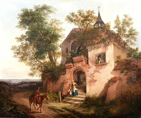 A Mother And Child At The Gate Of A Country Church, With A Traveller On A Horse On The Road Oil Painting by Siegfried Detlev Bendixen