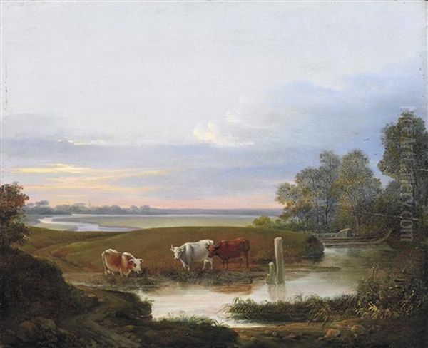 Weite Abendlandschaft Mit Kuhen Am Altwasser Oil Painting by Siegfried Detlev Bendixen