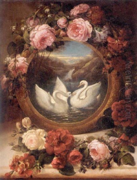 A Painting Of Swans In A River Landscape Encircled With Roses Oil Painting by Siegfried Detlev Bendixen