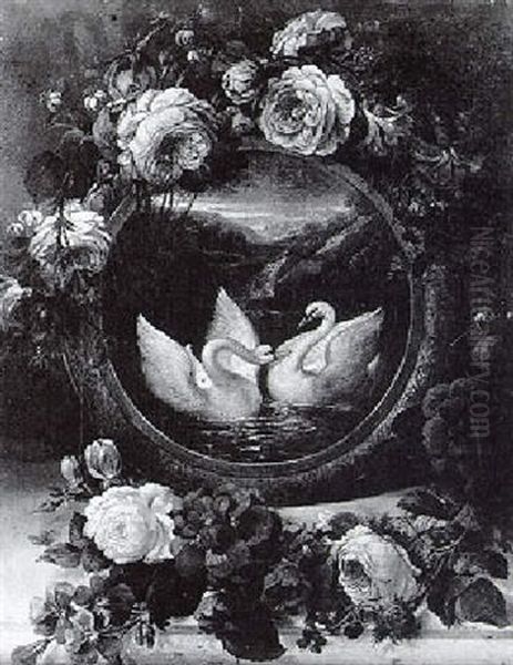 Swans Surrounded By A Garland Of Flowers Oil Painting by Siegfried Detlev Bendixen