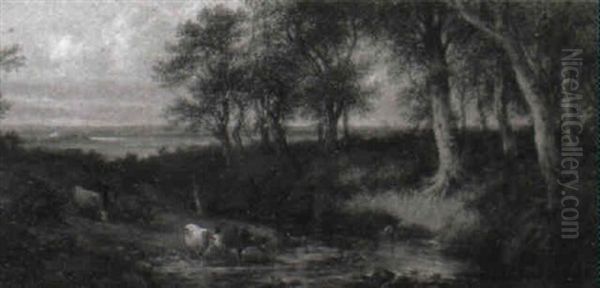 A Wooded River Landscape With Cattle Oil Painting by Siegfried Detlev Bendixen