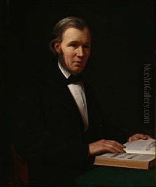 Portrait Of The Historian Lauritz Schebye Vedel Simonsen In A Dark Suit Holding A Book With Illustrations Of Bronze Age Axes And A Stone Age Cairn Oil Painting by Wilhelm Ferdinand Bendz