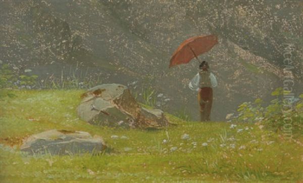 Mand Med En Rod Parasol I Bjergene Oil Painting by Wilhelm Ferdinand Bendz