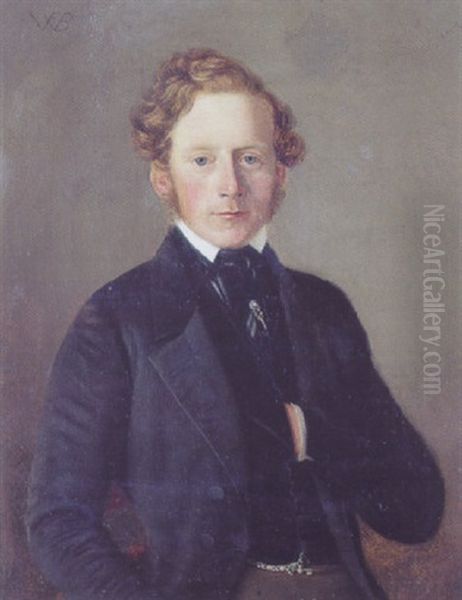 Portraet Af En Ung Mand Med Kindskaeg Og Bolget Har, Sort Jakke Og Vest, Urkaede Med Nogle Oil Painting by Wilhelm Ferdinand Bendz