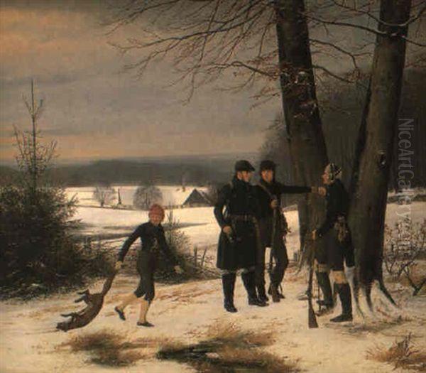 Vinterlandskab Med Jaegere Og En Jagtbetjent Under Tr+ Oil Painting by Wilhelm Ferdinand Bendz