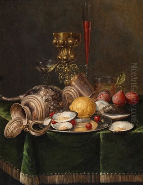 Stilleben Mit Austern, Fruchten, Buckelpokal, Glasern Und Kanne Auf Einem Tisch Mit Grunem Samttuch Oil Painting by Andrea Benedetti