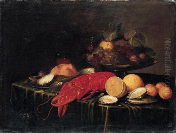 Still Life Of A Tazza Of Fruit, Together With A Lobster, Oysters, Prawns, Lemons And Peaches, Arranged Upon A Table-top Draped With A Green Cloth Oil Painting by Andrea Benedetti