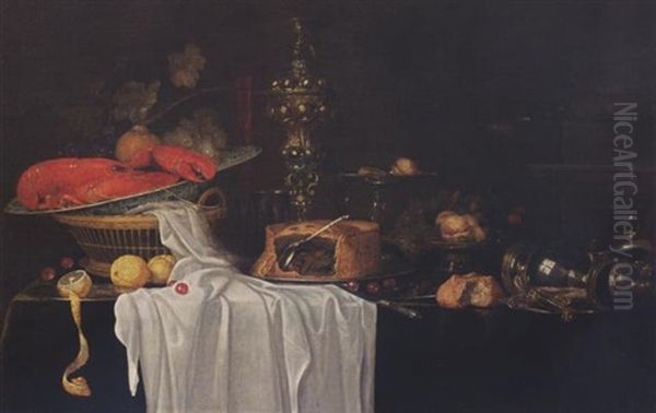 A Sumputous Still Life With A Lobster In A Wan-li Kraak Bowl, Fruit, A Flute, A Bun And A Tankard On A Draped Table Oil Painting by Andrea Benedetti