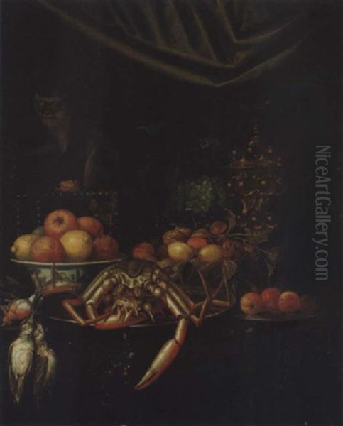 A Still Life Of Oranges And Lemons In A Porcelain Bowl, Fruit And Nuts In A Wicker Basket, Other Fruits And Objects Upon A Table Top, Together With A Monkey Oil Painting by Andrea Benedetti