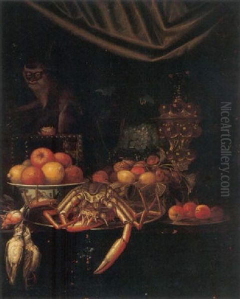 A Still Life Of Oranges And Lemons, Fruit And Nuts, Grapes, Apricots And A Spider Crab, A Goblet, A Wine Glass And Songbirds, Together With A Monkey Oil Painting by Andrea Benedetti