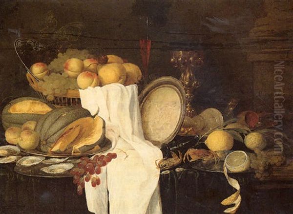 Still Life Of Melons, Grapes, Oysters, Crab And Lemons On Pewter Plates, With A Basket Of Fruit, Wineglasses And A Gilt Cup Oil Painting by Andrea Benedetti