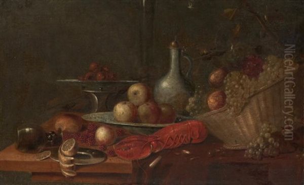 Nature Morte Au Homard, Panier De Fruits Et Verre Oil Painting by Andries Benedetti