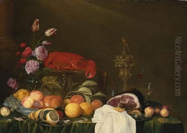 Still Life With A Vase Of Roses And Tulips, A Ham On A Pewter Plate, Glassware, A Lobster And Fruit On A Ledge Oil Painting by Andries Benedetti