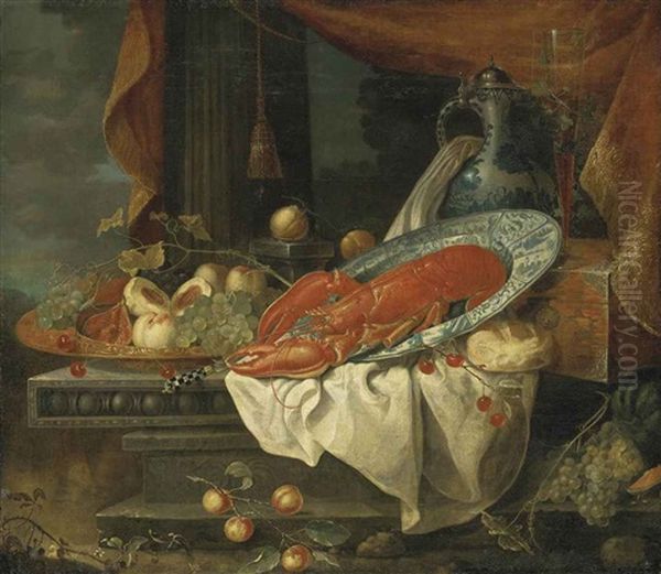 A Lobster In A Porcelain Bowl, With Grapes, Figs, Peaches And Cherries In A Copper Vessel, Bread, A Porcelain Ewer And A Flute Of Wine On A Lacquered Box, On A Partly-draped Stone Entablature, A Draped Column And A Landscape Beyond Oil Painting by Andries Benedetti