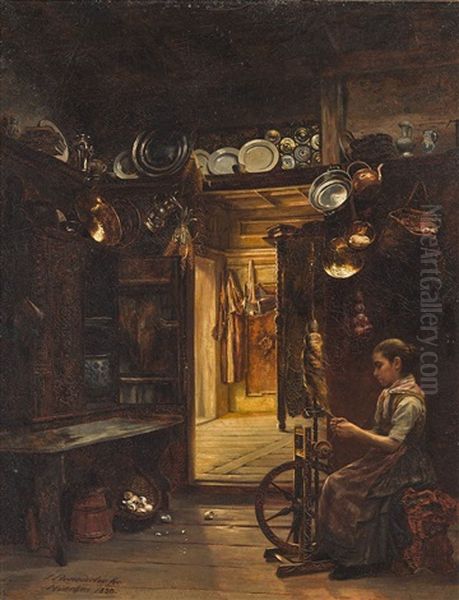 Kucheninterieur Mit Madchen Am Spinnrad Oil Painting by Alois Josef Benedicter