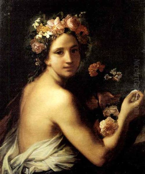 Giovane In Abiti Classici Con Garofani E Ghirlande Di Fiori (allegoria Dell'olfatto?) Oil Painting by Marco Benefial