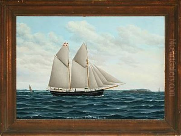 Seascape With Portrait Of The Schooner Mary Of Aalborg, Skipper Wilh. Christensen Oil Painting by Bror Evidt Bengtsson