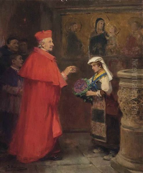 A Cardinal Blessing Flowers In The Basilica Of San Francesco D'assisi Oil Painting by Jose Benlliure Y Gil