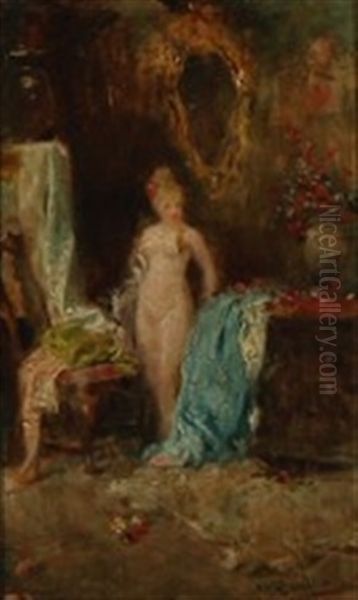 A Woman Undressing In Her Chamber Oil Painting by Jose Benlliure Y Gil