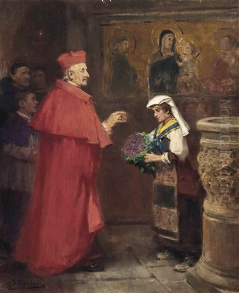 A Cardinal Blessing Flowers In The Basilica Of San Francesco D'assisi Oil Painting by Jose Benlliure Y Gil