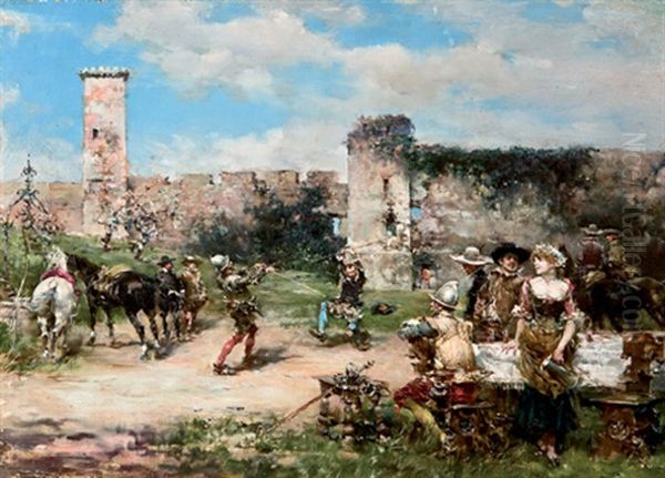 Leccion De Esgrima Y Galanteo Oil Painting by Jose Benlliure Y Gil