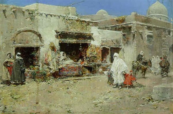 An Arab Street Market Oil Painting by Jose Benlliure Y Gil