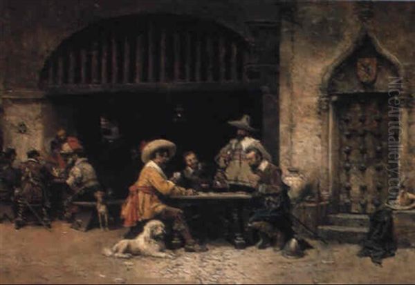 Card Players In A Bodega Oil Painting by Jose Benlliure Y Gil