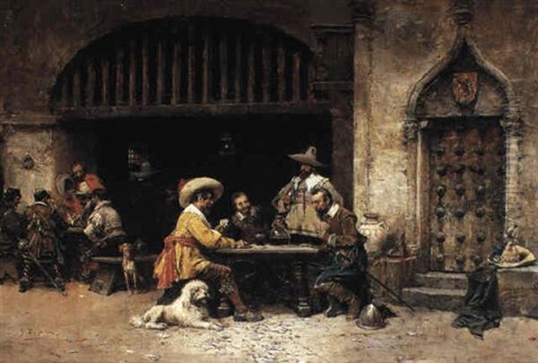 Card Players In A Bodega Oil Painting by Jose Benlliure Y Gil