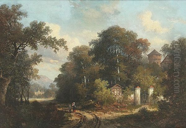 Waldweg Bei Einem Anwesen, Im Hintergrund Eine Kirche An Einem Gewasser Oil Painting by Hermann Bennekenstein