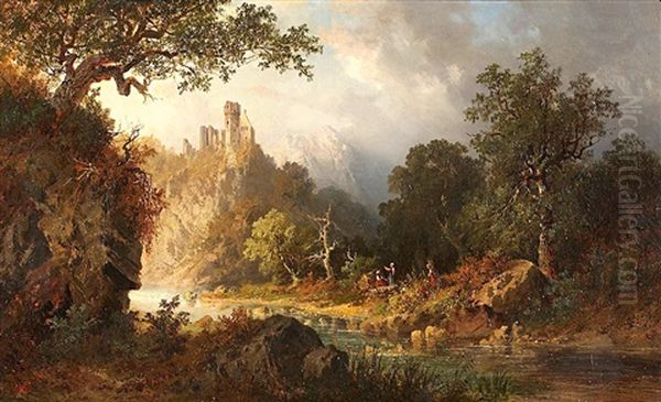 Die Ruine Wehrburg In Dunnbachtal An Der Mosel Oil Painting by Hermann Bennekenstein