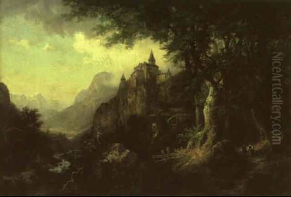 Blick Auf Die Trostburg In Tirol Oil Painting by Hermann Bennekenstein