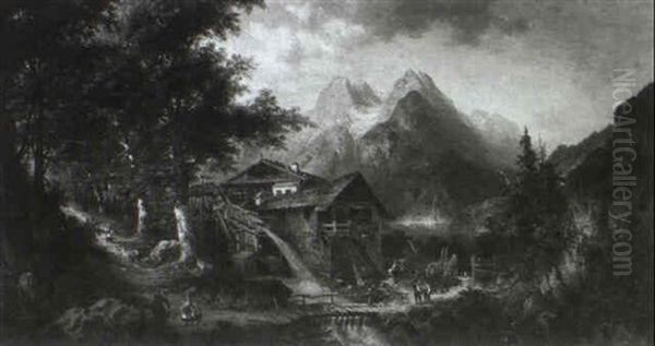 Alpensee. Vorne Am Ufer Ein Bauernhaus Und Eine Scheune Oil Painting by Hermann Bennekenstein