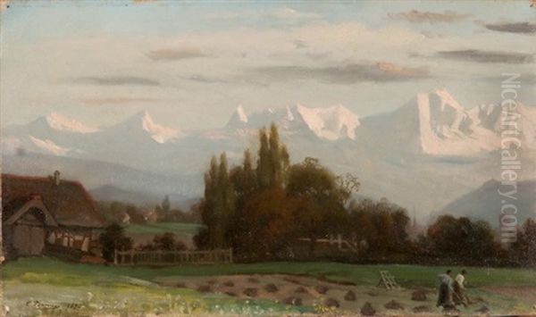 Frauen Bei Der Feldarbeit Mit Blick Auf Den Mont Blanc Oil Painting by Emmanuel Benner