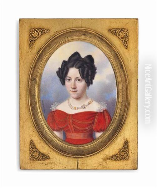 A Young Lady Of The Russian Court, In Red Dress, Wearing A Pearl Necklace With Diamond-studded Clasp, Dark Upswept Hair Oil Painting by Henri Benner