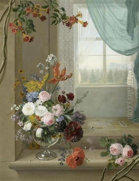 Blumenstilleben Auf Einer Fensterbank Oil Painting by Jean Benner