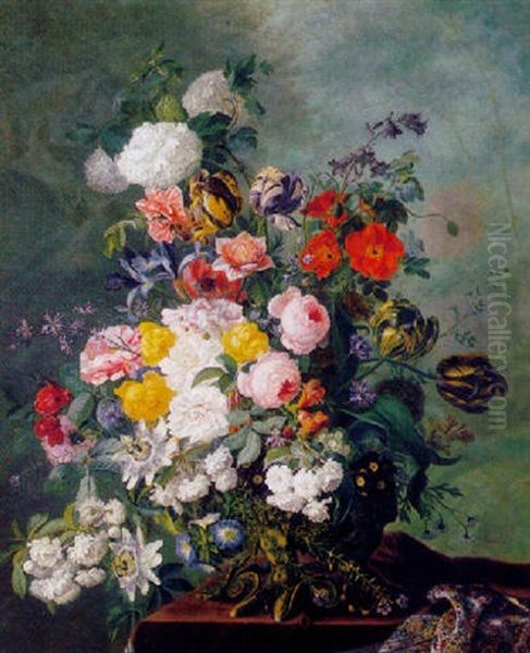 Summer Flowers In A Vase On A Ledge Oil Painting by Jean Benner