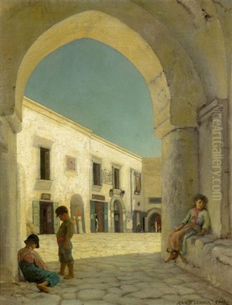 Kinder Auf Einem Platz Bei Capri Oil Painting by Jean Benner