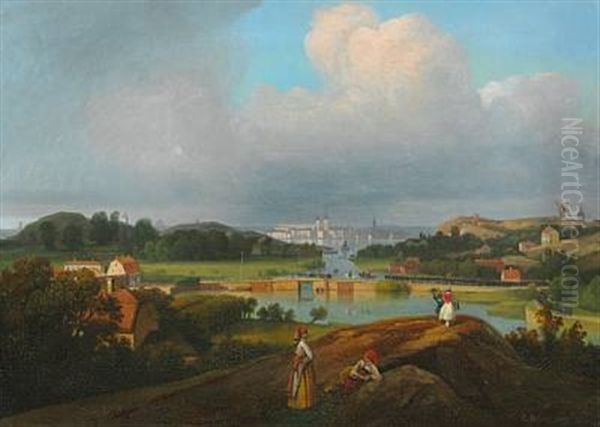 Stockholm's Royal Palace And Surroundings With Svea Royal Life Guard Led By Count Aminoff On A White Horse Oil Painting by Carl Stefan Bennet