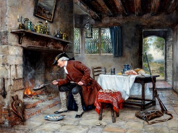 A Sportsman In 18th Century Costume Frying His Breakfast At A Hearth Side Oil Painting by Frank Moss Bennett