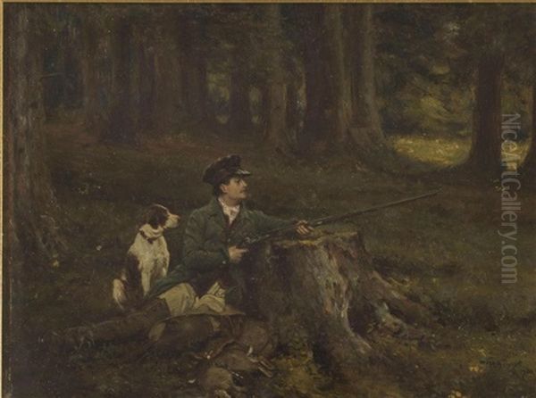 Huntsman And His Dog Lying In Wait In Woodland Oil Painting by Frank Moss Bennett