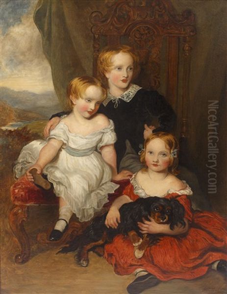 Portrait Group Of Three Children And A Spaniel (after Frederick Yeates Hurlestone) by Frank Moss Bennett