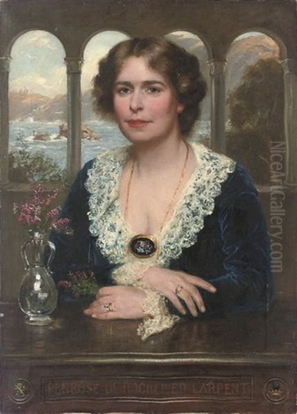 Portrait Of Penrose De Hochepied Larpent In A Blue Velvet Dress With Lace Collar And Cuffs Oil Painting by Frank Moss Bennett