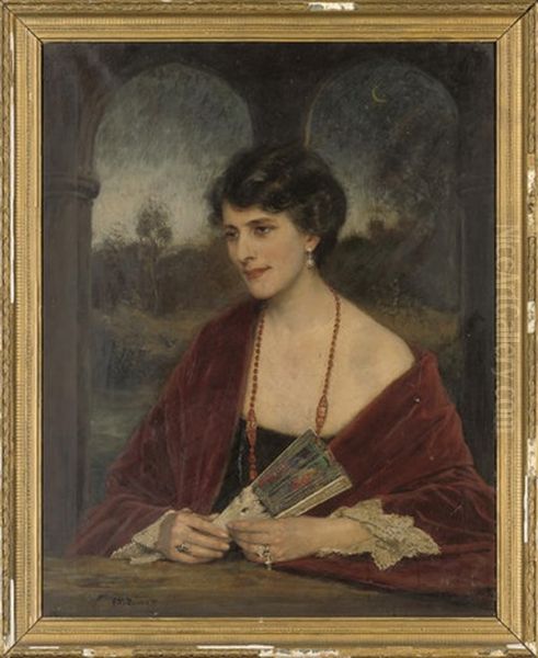 Portrait Of A Lady In A Black Dress With A Crimson Velvet Coat, Holding A Fan Oil Painting by Frank Moss Bennett