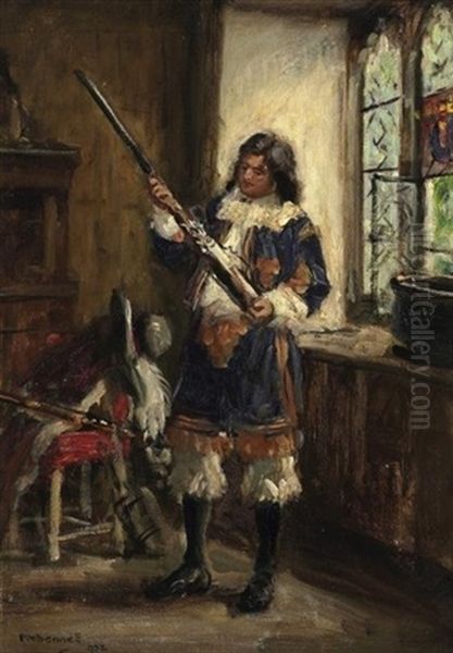 In Der Waffenkammer. Ein Junger Musketier, Sein Gewehr Prufend Oil Painting by Frank Moss Bennett